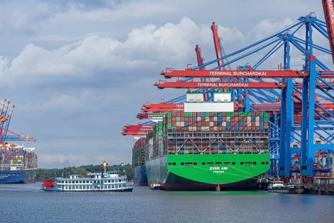 Container ships and excursion boat, paddle steamer Louisiana Star, container terminals Eurogate and