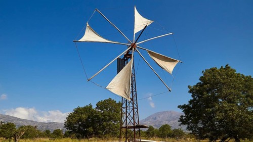 Windmill close, canvas, trees, blue sky, few white clouds, Lassithi plateau, Lassithi, East Crete,