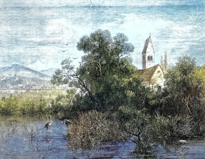 View of Lake Zurich, Lake Zurich, the island of Ufenau where Ulrich von Hutten's grave is located,