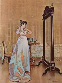 Jewellery, elegant woman trying on a new necklace at home in front of the mirror, 1880, England,