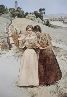 Two Girls Reading a Love Letter Together, 1880, Germany, Historic, digitally restored reproduction