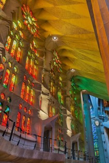 Interior view of the Familia Sagrada by the architect Antonio Gaudi in Barcelona, Spain, Europe