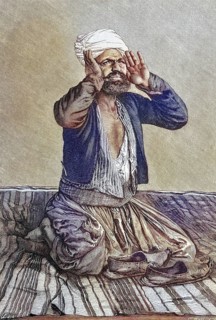 Praying Muslim, Islam, on a prayer rug, Arabia, Historical, digitally restored reproduction from a