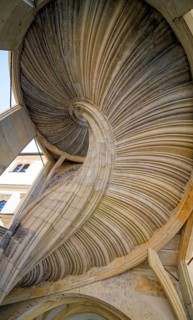 Bottom view of the famous cantilever staircase Großer Wendelstein in Hartenfels Castle, Torgau,