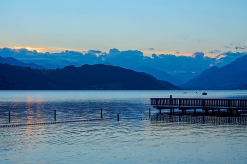 Lake, swimming chain, terrace, outdoor pool, sunset, summer, Lake Millstatt, Döbriach, Carinthia,