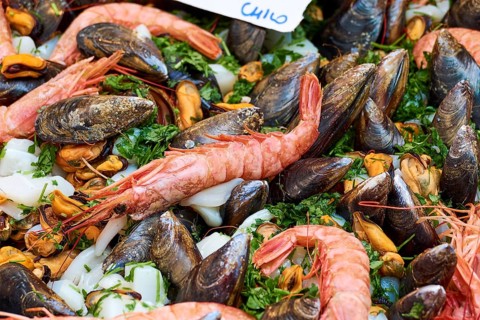 Giant prawn, Mussels, Close, Markets, Open air, Palermo, Capital, Sicily, Italy, Europe