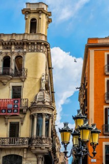 House and street lamp in the old town, Barcelona, Spain, Europe