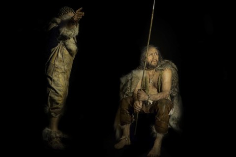Reconstruction of Cro-Magnon hunter and women sculpted by Elisabeth Daynès at exposition in museum