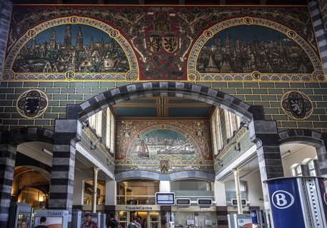Murals in sgraffito style in the main entrance hall of the Gent-Sint-Pieters, Saint Peter's railway