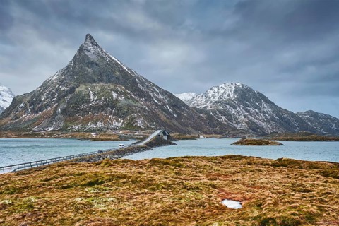 Fredvang Bridges in winter. Lofoten islands, Norway, Europe