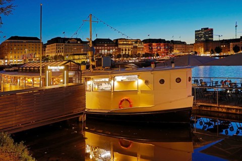 Restaurant ship Bootshaus Alster on the Inner Alster Lake in the evening, Hamburg, Germany, Europe