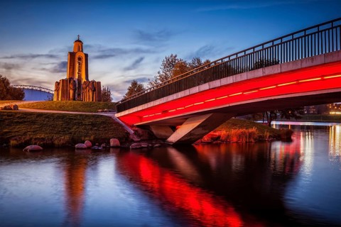 MINSK, BELARUS, SEPTEMBER 19, 2014: Island of Tears with Afganistan war memorial in evening