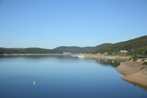 View of landscape from the Edersee near Waldeck-West during low water, forest, lake, Hesse,