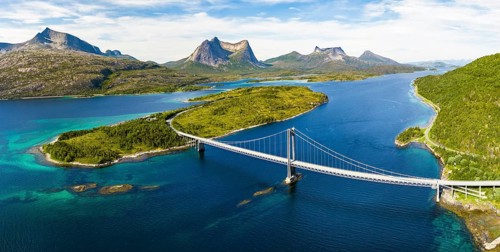 Fjord with islands in front of Bergen, Mount Stortinden, bridge over Kjerringstraumen, Efjord,