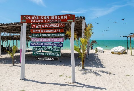 Painted wooden beach signs at Playa Kan Balam, Celestun, Yucatan, Mexico, Central America