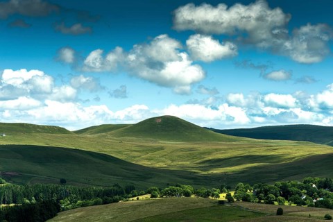 View of the Chamaroux mountain near the village of Montgreleix, Cezallier massif, Auvergne