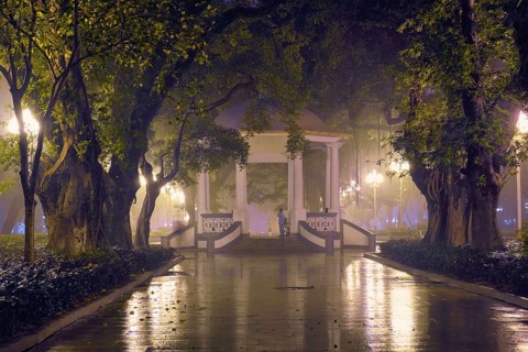 Guangzhou People's Park with mist fog at night. Guangzhou, China, Asia