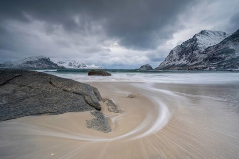 Coast with islands and mountains, Haukland beach, Vestvågøya, Lofoten, Norway, Europe