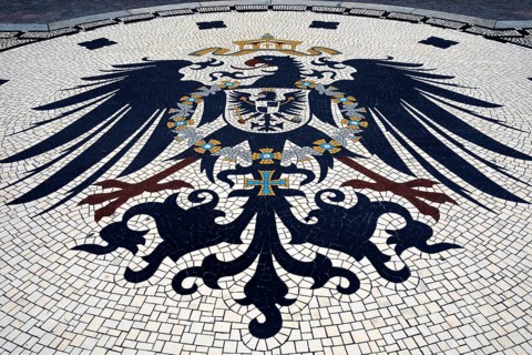 Mosaic with imperial eagle in front of the New Town Hall, Schlossplatz, state capital Wiesbaden,
