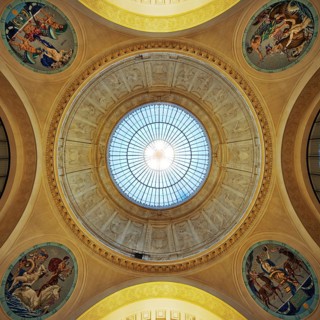 View up to the glass dome above the foyer in the spa hotel and Casino in the evening, Wiesbaden,