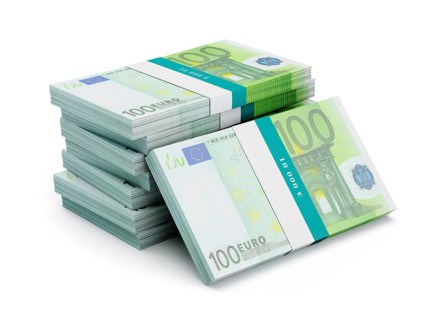 Creative business finance making money concept, stack of 100 euro banknotes bills bundles isolated