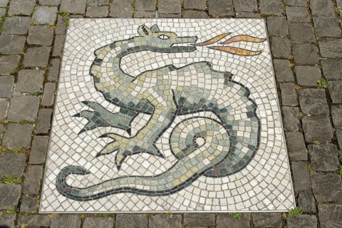 Floor mosaic in front of the Lindwurm Museum, Old Town, Stein am Rhein, Canton Schaffhausen,