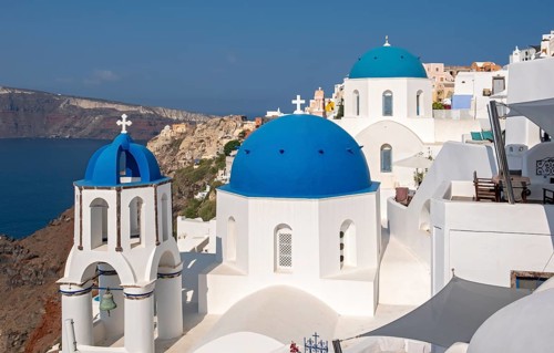 White churches with blue dome, Agios Spiridonas, St Spyridon, and Church of Anastasis,