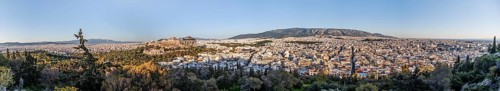 View from Philopappos Hill over the city, panorama of the Parthenon Temple and Herod's