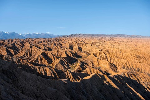 Landscape of eroded hills, white peaks of the Tien Shan Mountains in the background, Badlands,