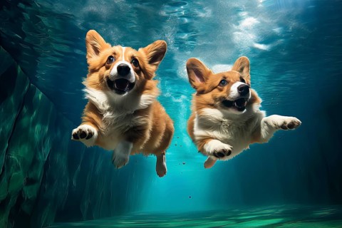 Two Pembroke Welsh Corgis diving in a pool, AI Generated