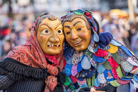 Witch and Spättlehansel at carnival procession, Fasendumzug, Alemannic Fastnacht, Gengenbach,