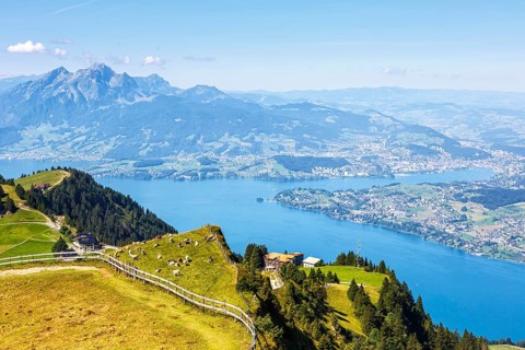 View from Mount Rigi to the city of Lucerne, Lake Lucerne and Pilatus Alps mountains in Rigi,