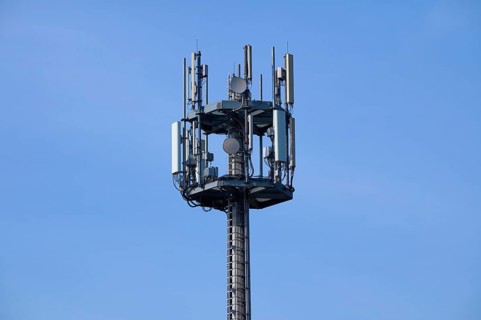 Mobile phone mast, transmission mast in front of sky, Hesse, Germany, Europe