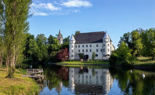Drone shot, Renaissance castle, Hagenau Castle, Mattig estuary, Sankt Peter am Hart, Innviertel,