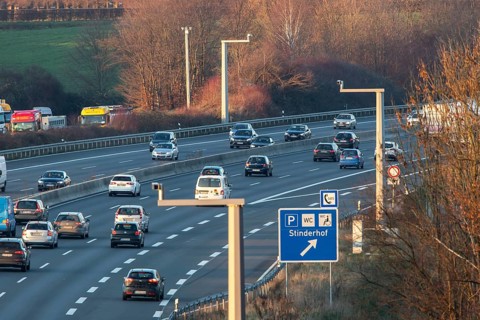 Motorway A3 between Düsseldorf and Leverkusen, near Erkrath, video cameras monitor the traffic,