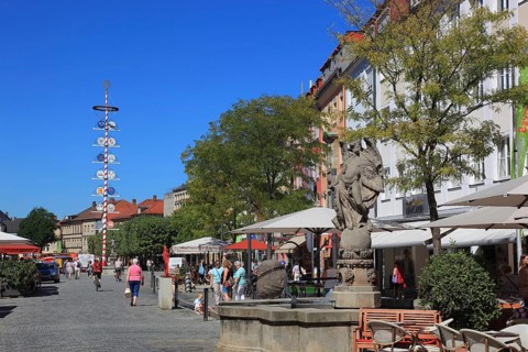 In the city centre of Bayreuth, the Famabrunnen and guild tree in the pedestrian zone, Bayreuth,