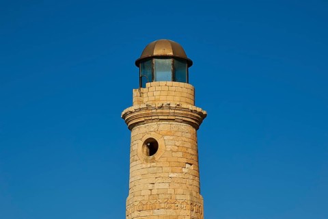 Venetian harbour, Venetian lighthouse, detail, cloudless blue sky, Rethimnon, central Crete, island