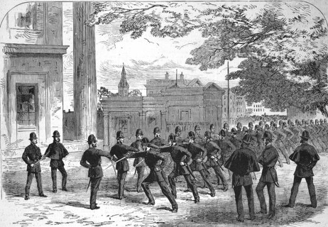 Uprising of 1867 by the Irish Republican Brotherhood. London police officers practising the use of