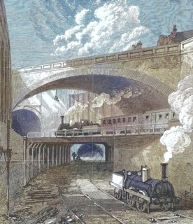The Metropolitan Railway in 1869, railway, here Farringdon station in London, England, Historic,