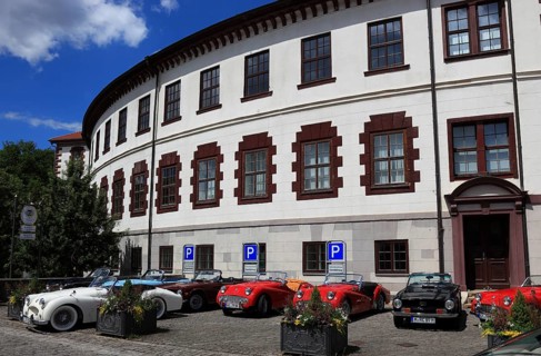 Vintage car parade in front of the castle, round building of Elisabethenburg Castle, Meiningen,