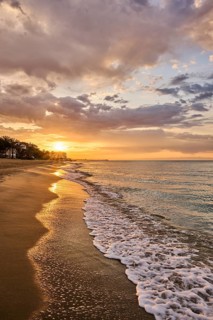 Sunrise with morning colors on a sandy beach near Tarragona, Catalonia, Spain, Europe