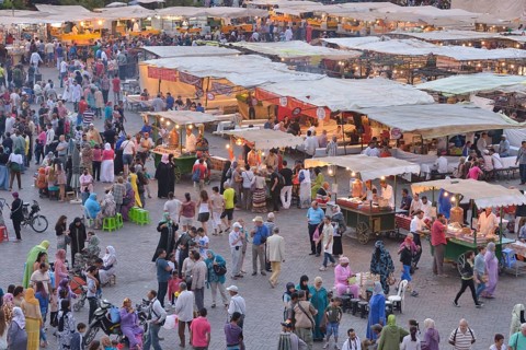 Food stalls at Djemaa el Fna market square, historic center, Marrakesh, Marrakesh-Tensift-El Haouz