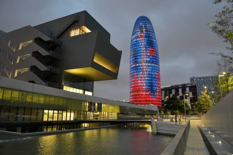 Torre Agbar, architect Jean Nouvel, at dusk, Avinguda Diagonal, Barcelona, ??Catalonia, Spain,