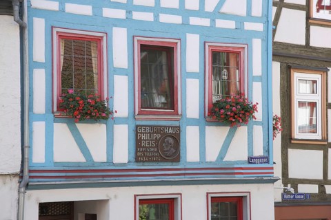 Window of the house where Philipp Reis was born with inscription and half-timbering, Langgasse,