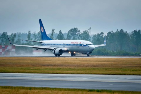 MINSK, BELARUS, JUNE 15, 2018: Belavia belarusian airlines flight Boeing 737-800 plane landing on