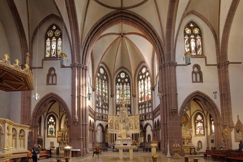 Interior view with chancel of the neo-Gothic St. Peter's Church in Heppenheim, Bergstrasse, Hesse,