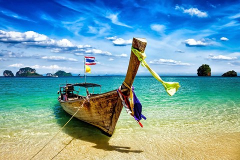 Long tail boat on tropical beach, Krabi, Thailand, Asia