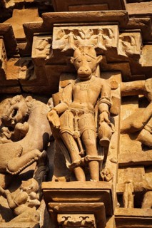 Stone carving bas relief sculptures on Vaman Temple, Khajuraho, Madhya Pradesh, India, Asia