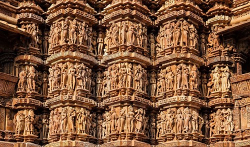 Famous stone carving sculptures, Kandariya Mahadev Temple, Khajuraho, India. Unesco World Heritage