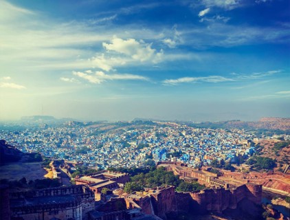 Vintage retro effect filtered hipster style panorama image of Jodhpur, known as Blue City due to